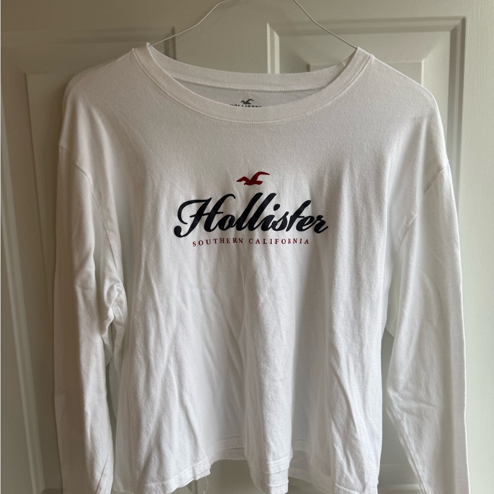 Hollister White Long-Sleeve Logo Shirt with Red Accent